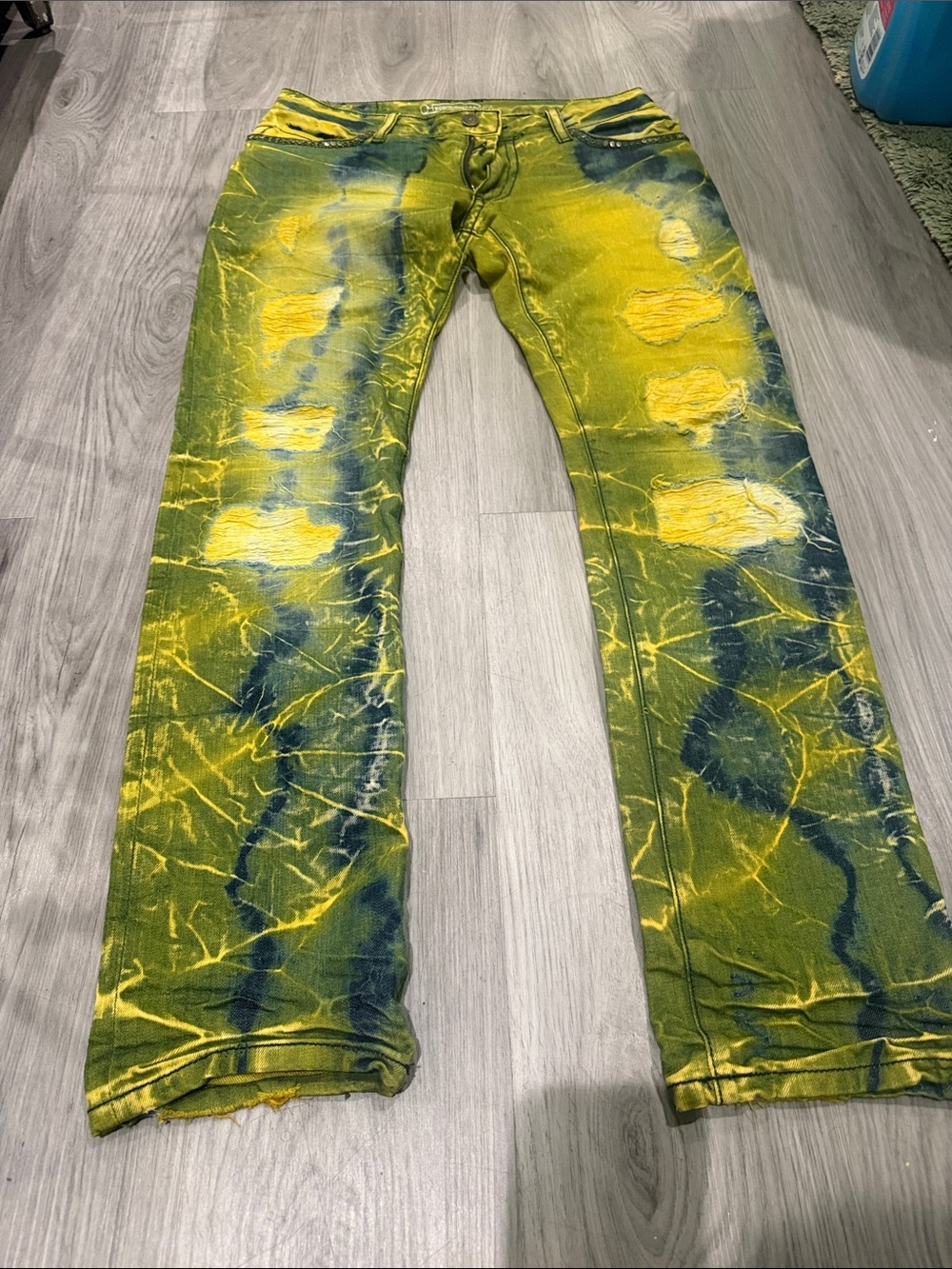Robin's Jean Yellow and Blue Tie-Dye Distressed Denim